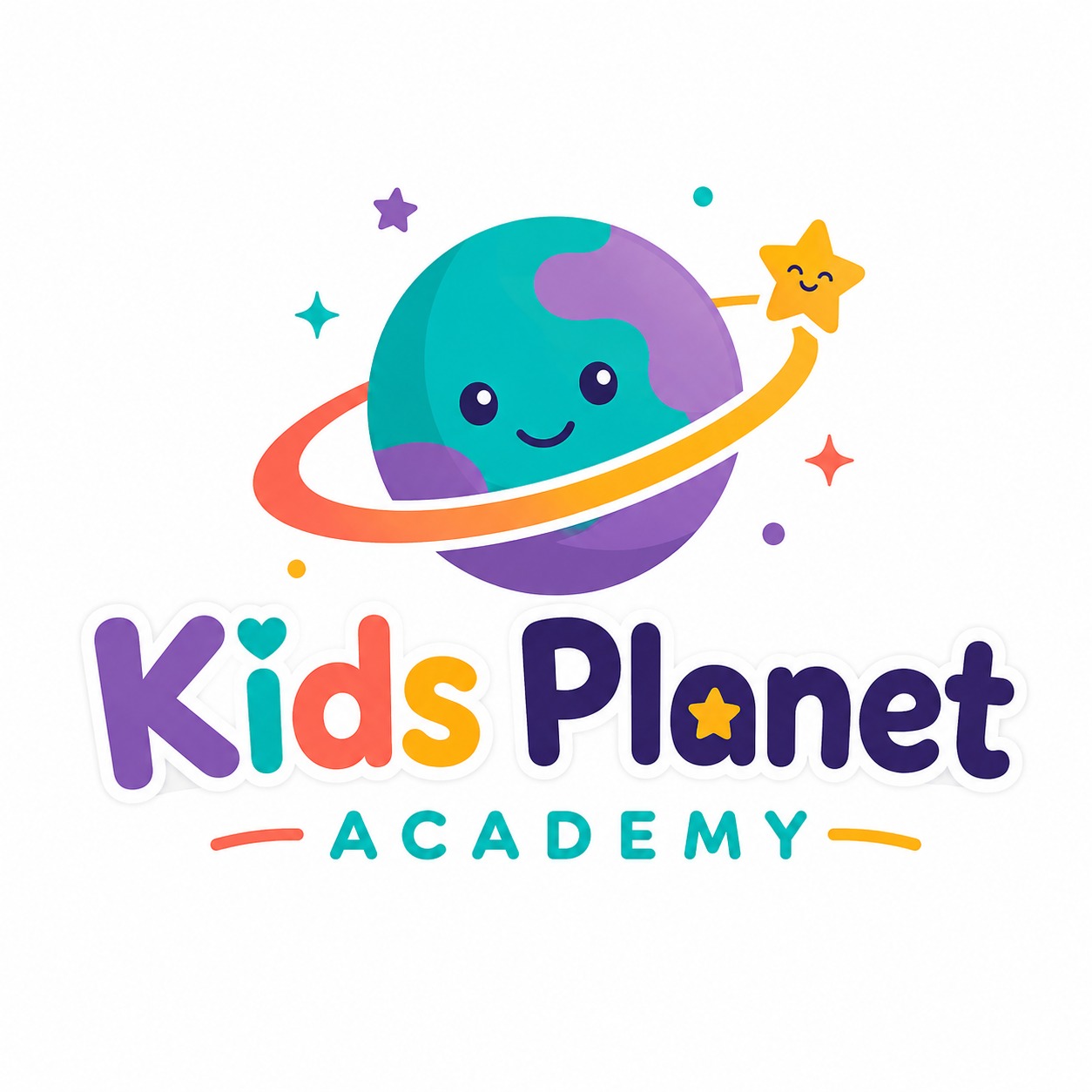 شعار Kids Planet Academy: كوكب مبتسم بألوان التركواز والبنفسجي